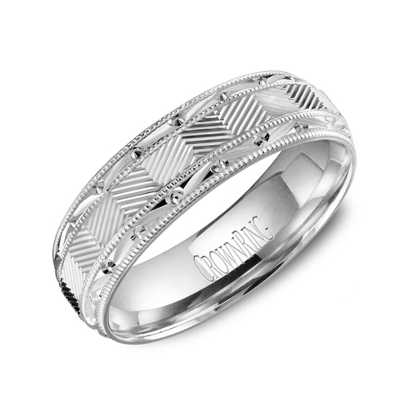 14K White Gold 6mm Milgrain Beveled Wedding Band