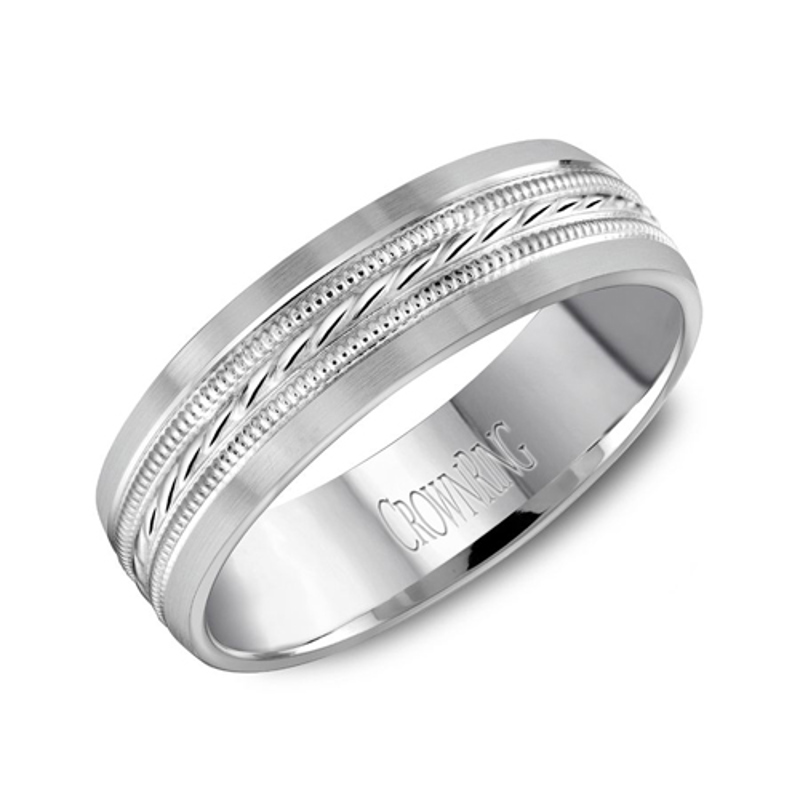 14K White Gold 6mm Milgrain Brushed Wedding Band