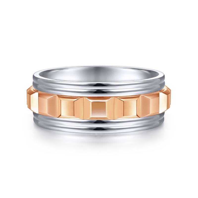14K White and Rose Gold 8mm Center Cubes Wedding Band