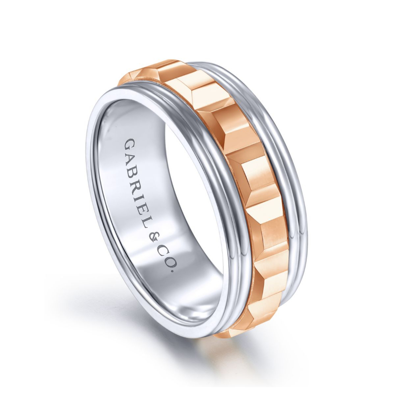 14K White and Rose Gold 8mm Center Cubes Wedding Band