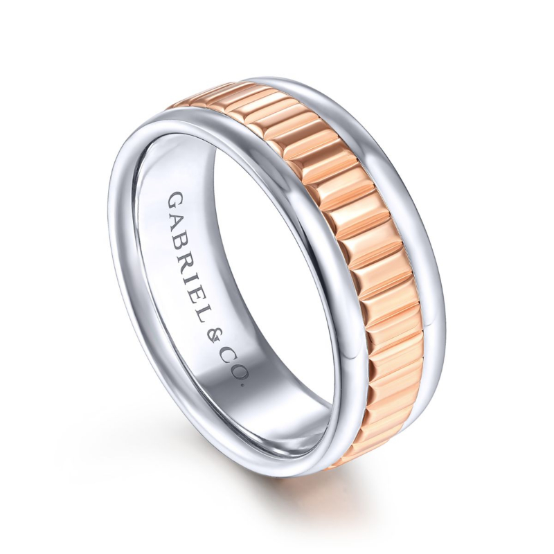 14K White and Rose Gold 8mm Grooved Wedding Band