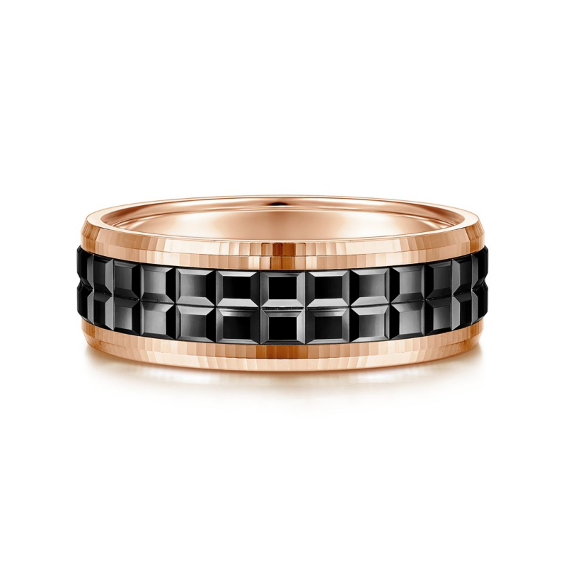 14K Rose Gold and Black Overlay 7mm Double Cube Wedding Band