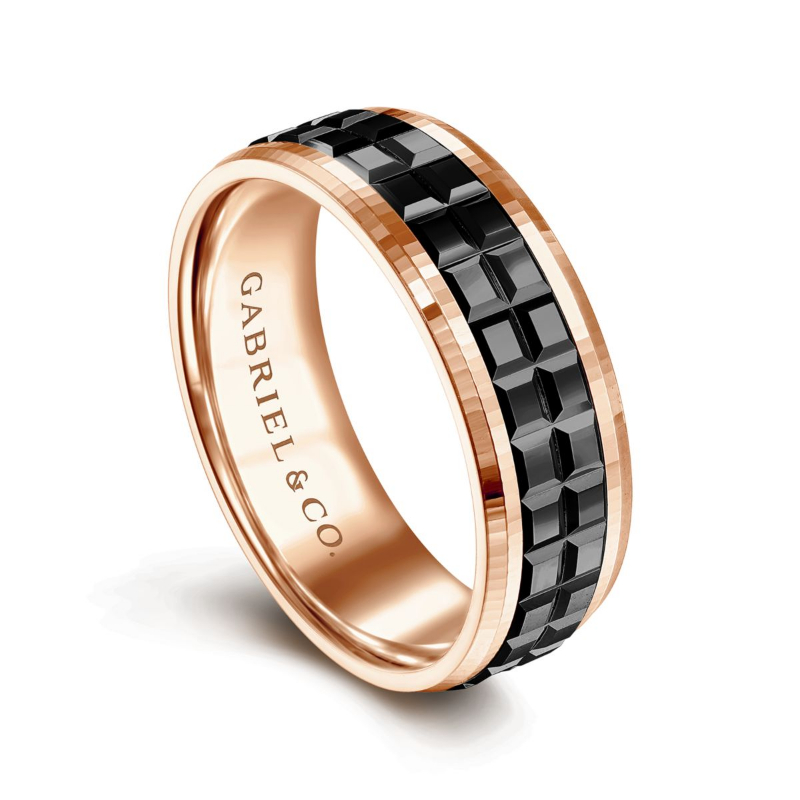 14K Rose Gold and Black Overlay 7mm Double Cube Wedding Band