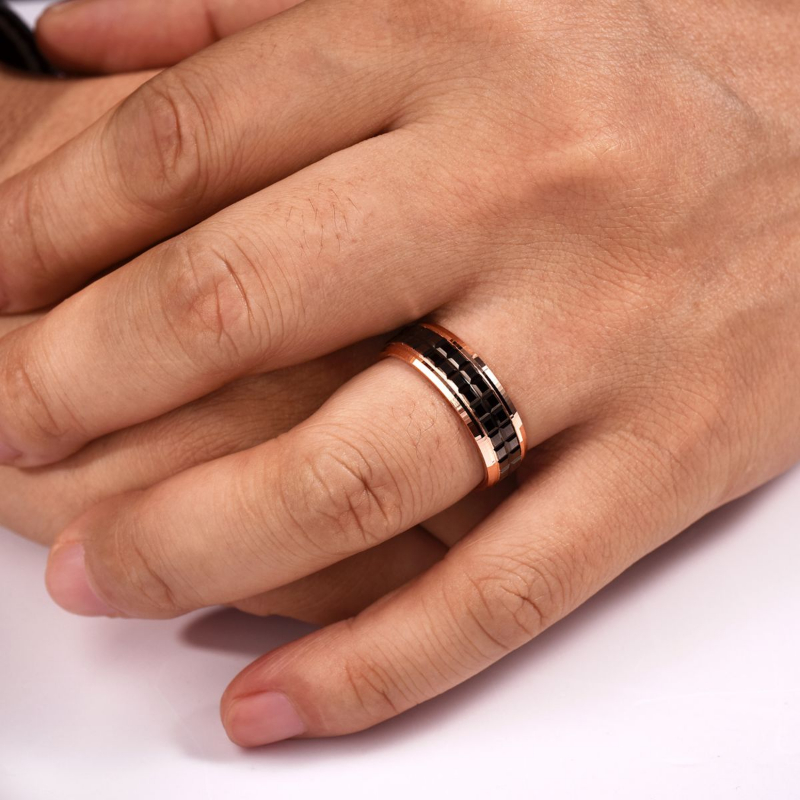 14K Rose Gold and Black Overlay 7mm Double Cube Wedding Band