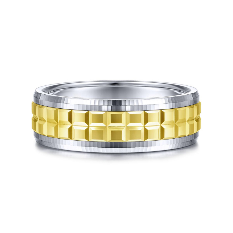 14K White and Yellow Gold 7mm Double Cube Wedding Band