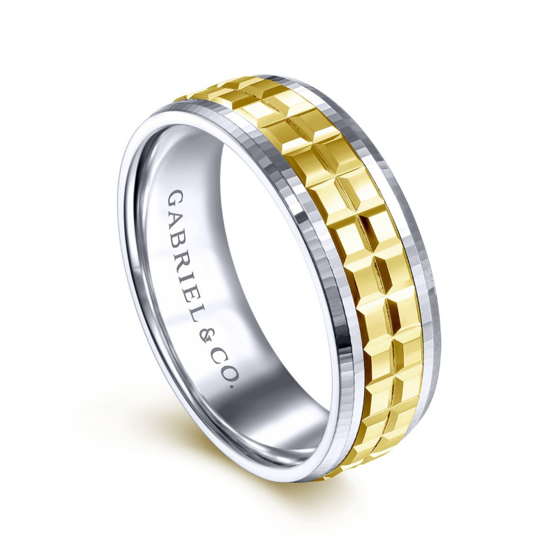 14K White and Yellow Gold 7mm Double Cube Wedding Band