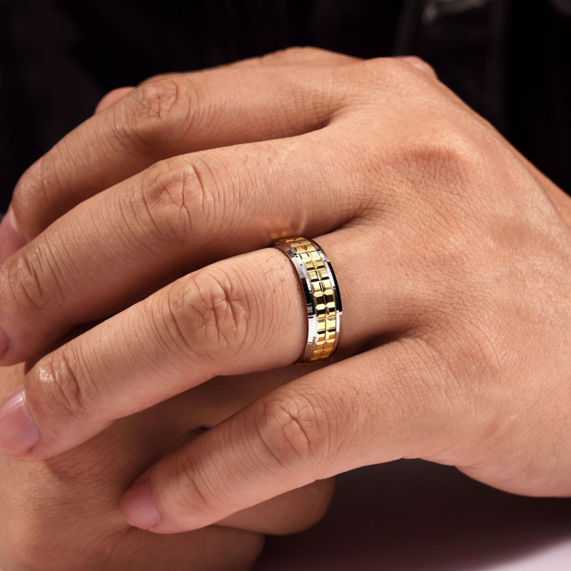 14K White and Yellow Gold 7mm Double Cube Wedding Band