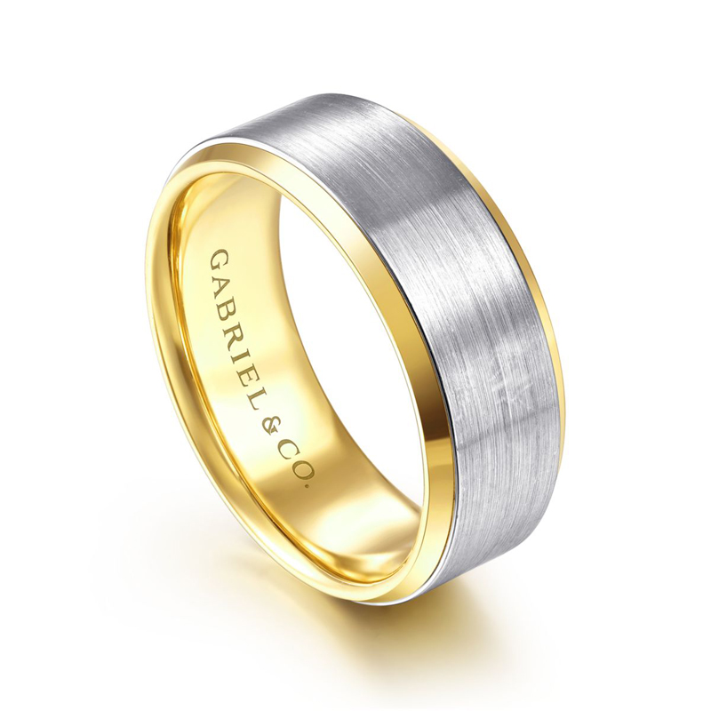 14K White and Yellow Gold 8mm Satin Finish Wedding Band