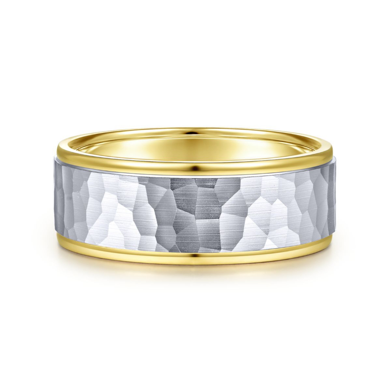 14K Two Tone 8mm Hammered Finish Wedding Band