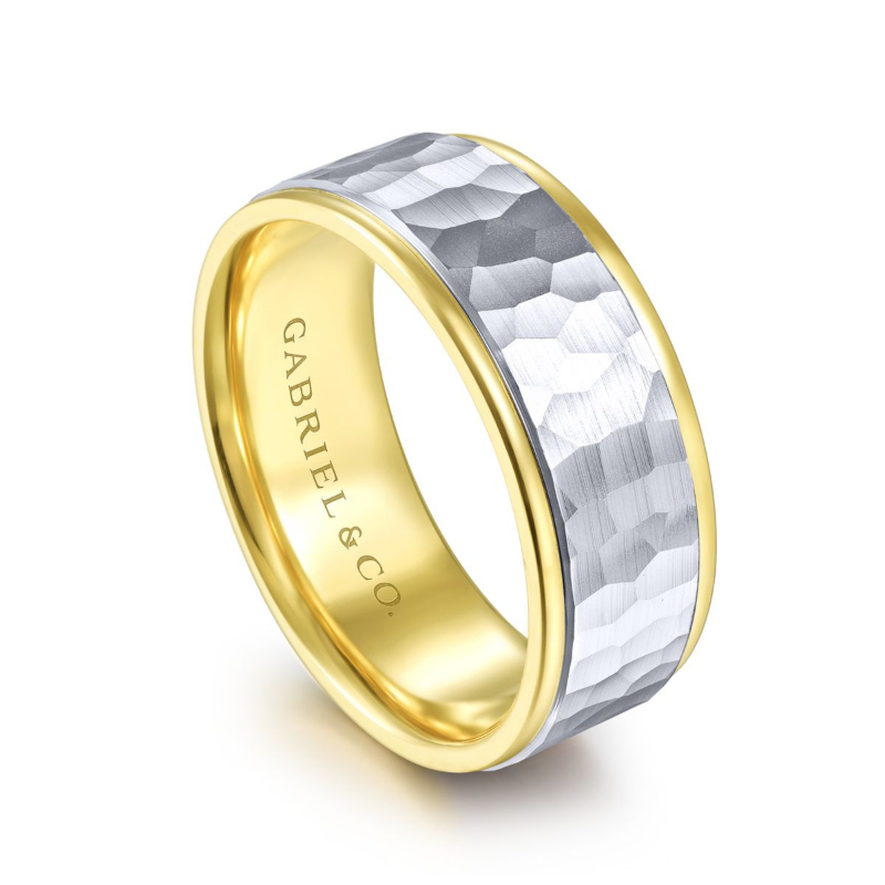 14K Two Tone 8mm Hammered Finish Wedding Band