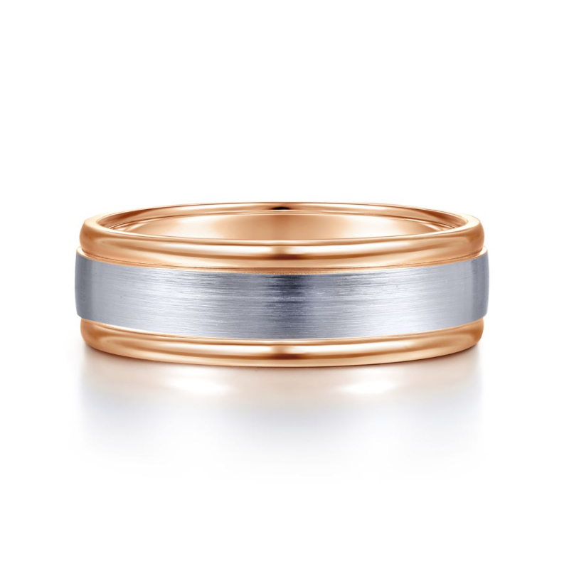 14K White and Rose Gold 7mm Satin Finish Wedding Band