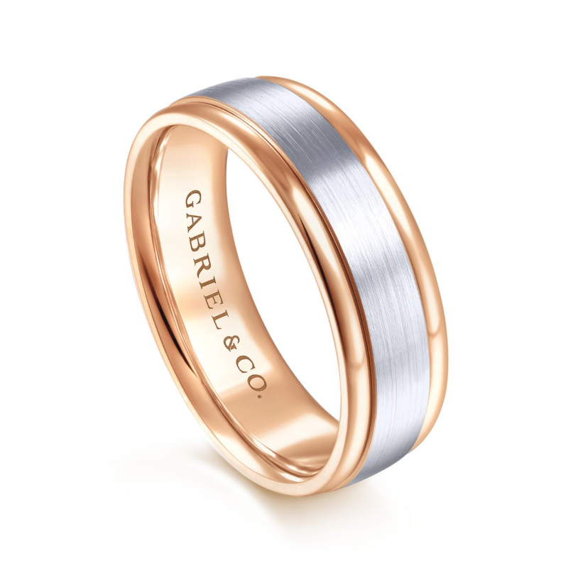 14K White and Rose Gold 7mm Satin Finish Wedding Band