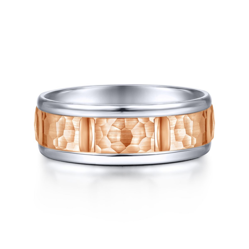14K White and Rose Gold 7mm Hammered Wedding Band