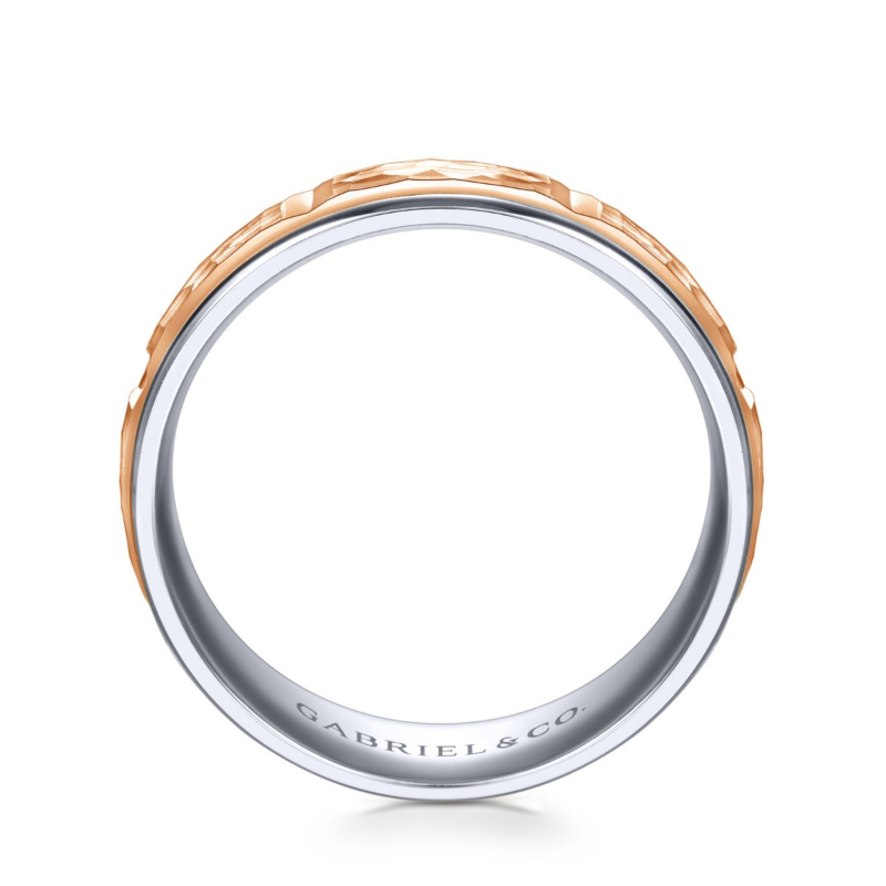 14K White and Rose Gold 7mm Hammered Wedding Band