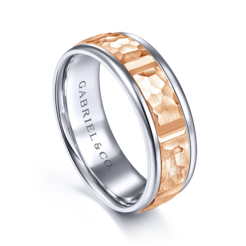 14K White and Rose Gold 7mm Hammered Wedding Band