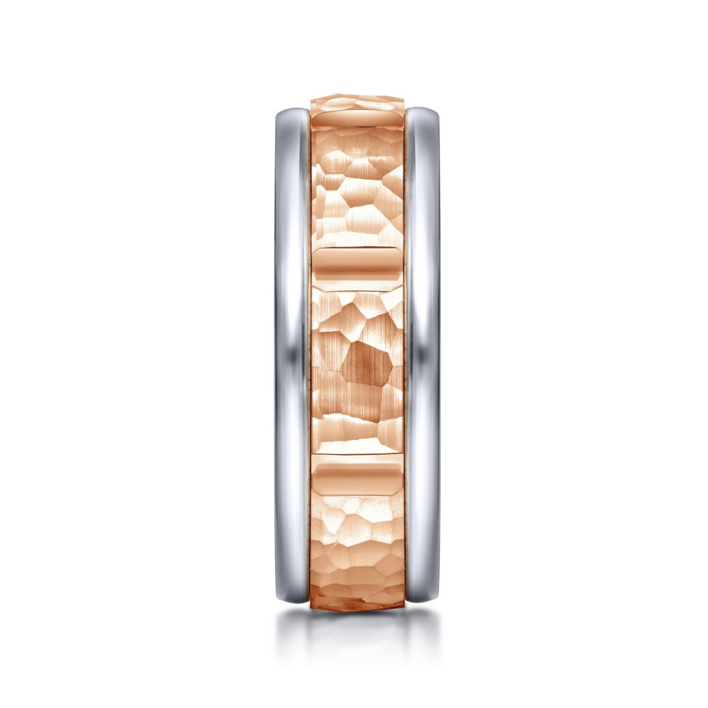 14K White and Rose Gold 7mm Hammered Wedding Band