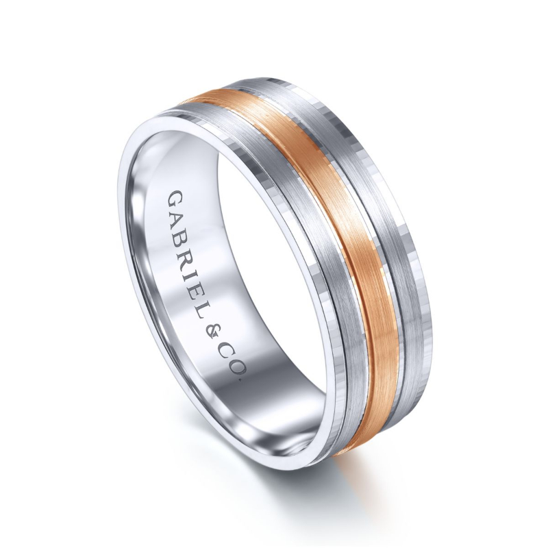 14K White and Rose Gold 7mm 3 Row Satin Wedding Band