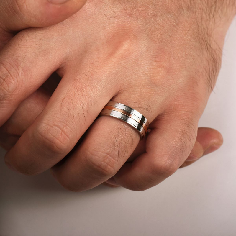 14K White and Rose Gold 7mm 3 Row Satin Wedding Band