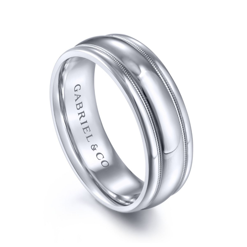 14K White Gold 7mm Domed with Milgrain Edge Wedding Band
