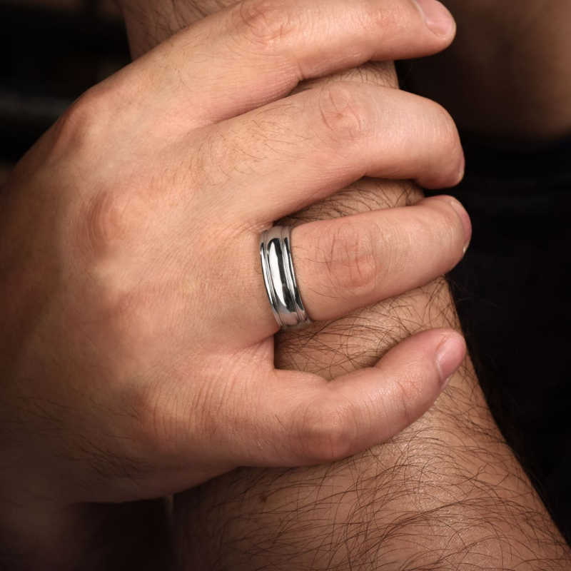 14K White Gold 7mm Domed with Milgrain Edge Wedding Band