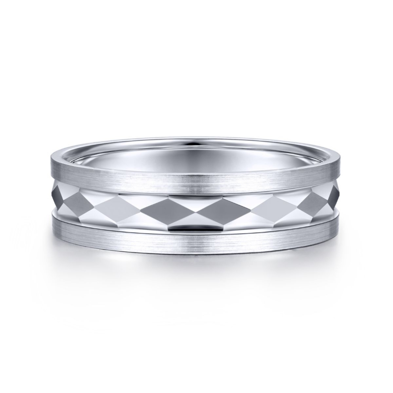 14K White Gold 6mm Diamond Pattern Wedding Band