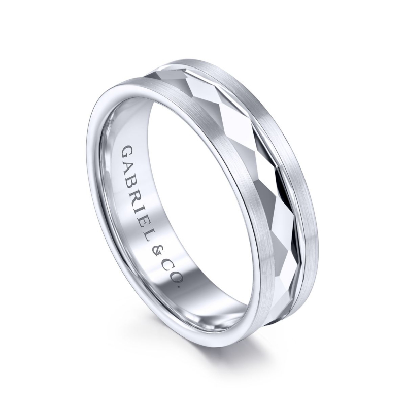 14K White Gold 6mm Diamond Pattern Wedding Band