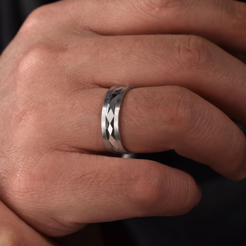14K White Gold 6mm Diamond Pattern Wedding Band