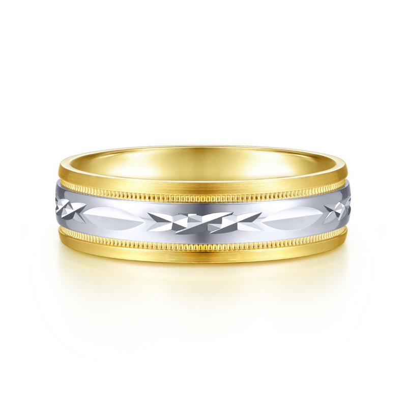 14K Two Tone 6mm Engraved Milgrain Wedding Band