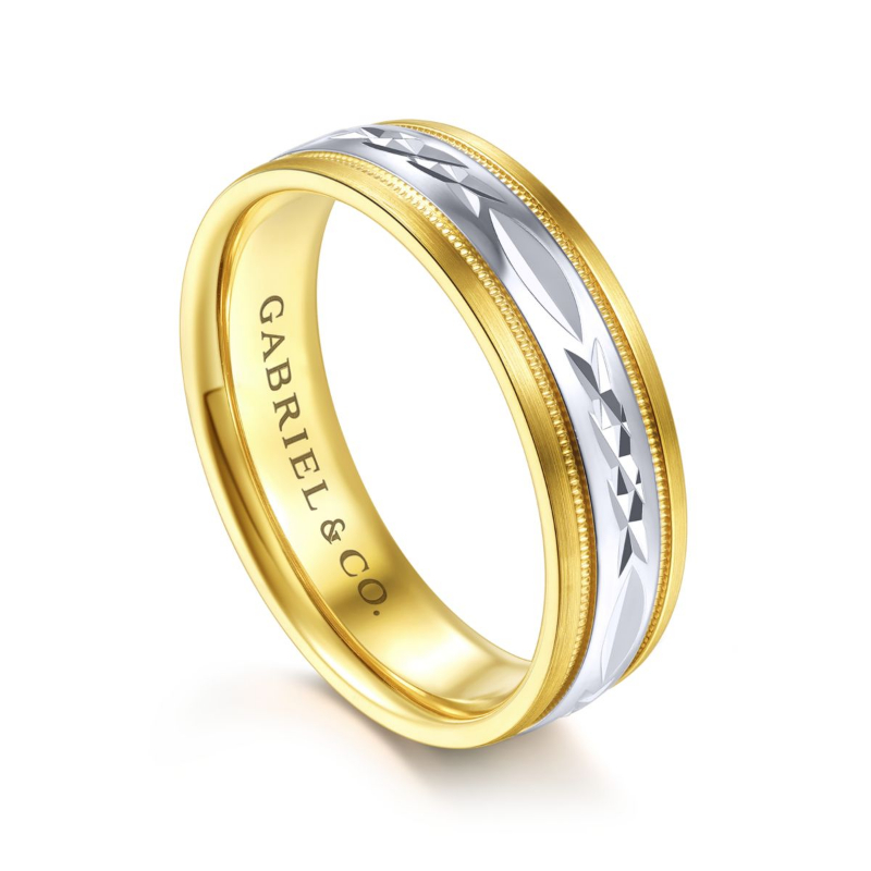 14K Two Tone 6mm Engraved Milgrain Wedding Band