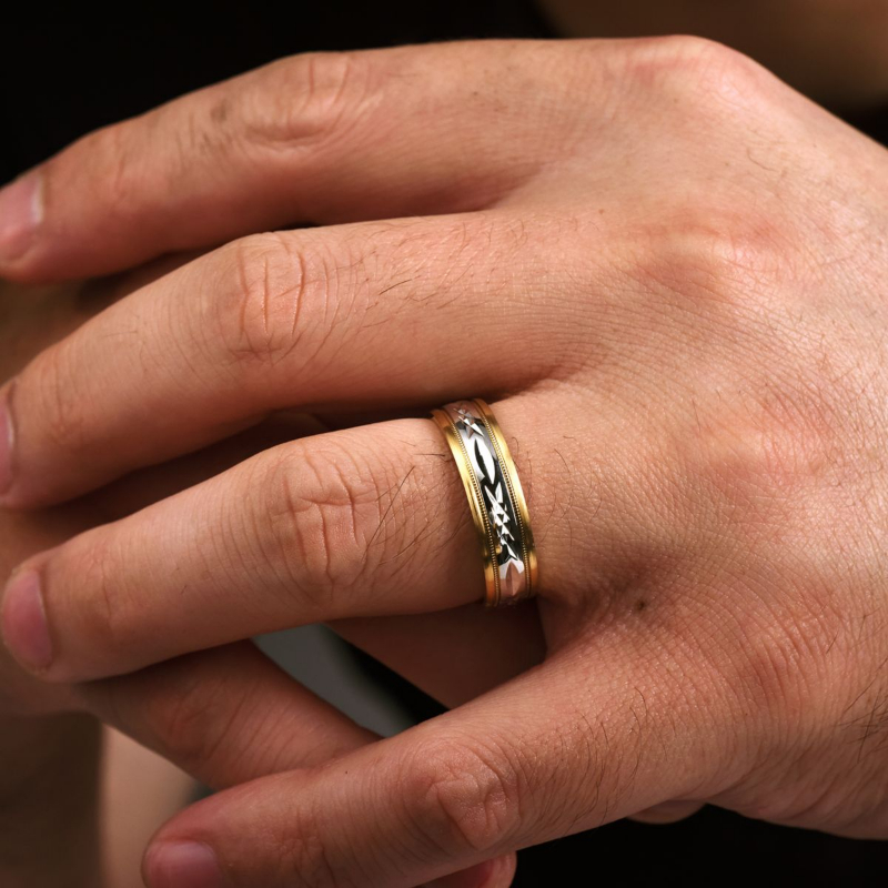 14K Two Tone 6mm Engraved Milgrain Wedding Band