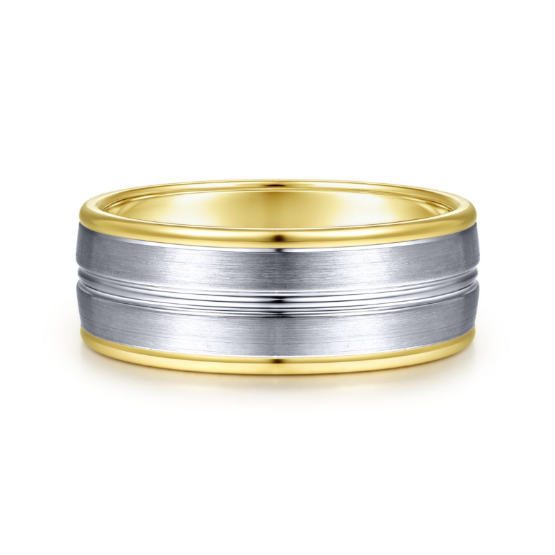 14K Two Tone 8mm Satin Center Channel Wedding Band