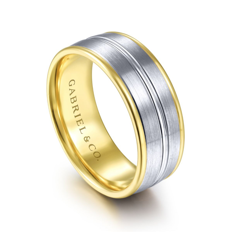14K Two Tone 8mm Satin Center Channel Wedding Band