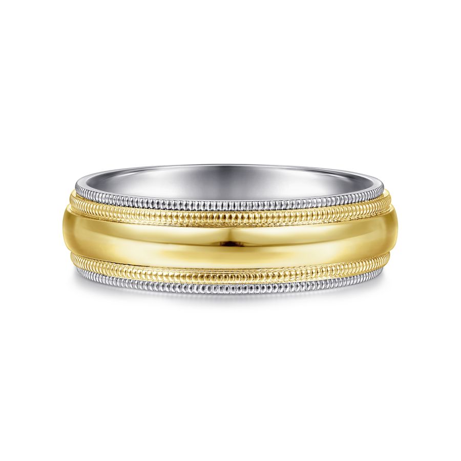 14K Two Tone 6mm Domed with Milgrain Edge Wedding Band