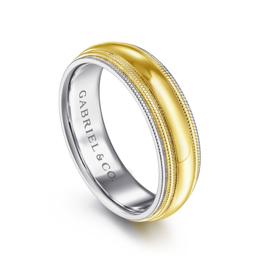 14K Two Tone 6mm Domed with Milgrain Edge Wedding Band