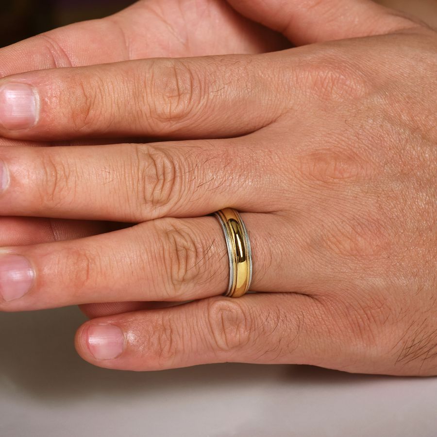 14K Two Tone 6mm Domed with Milgrain Edge Wedding Band