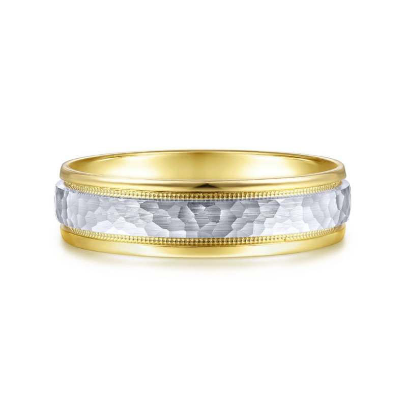 14K Two Tone 6mm Hammered Finish Wedding Band