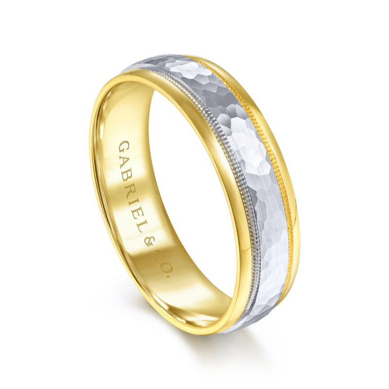 14K Two Tone 6mm Hammered Finish Wedding Band