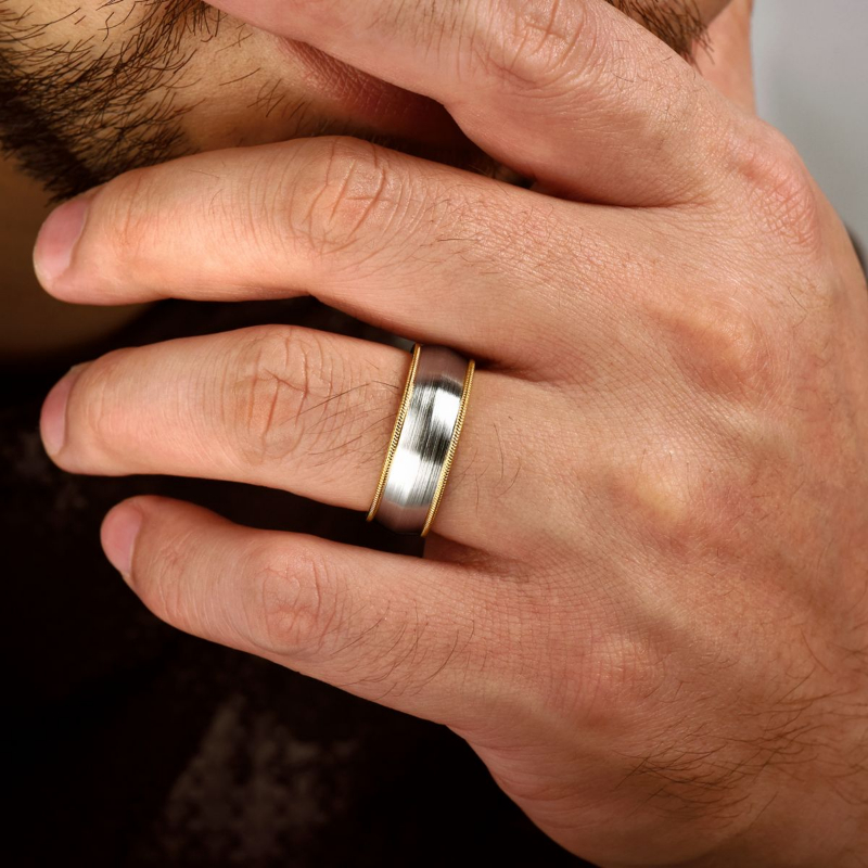 14K Two Tone 8mm Satin Finish with Rope Edge Wedding Band