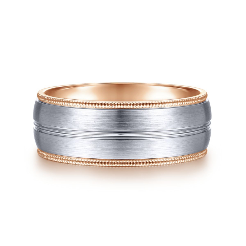 14K White and Rose Gold 8mm Brushed Channel Coin Edge Wedding Band