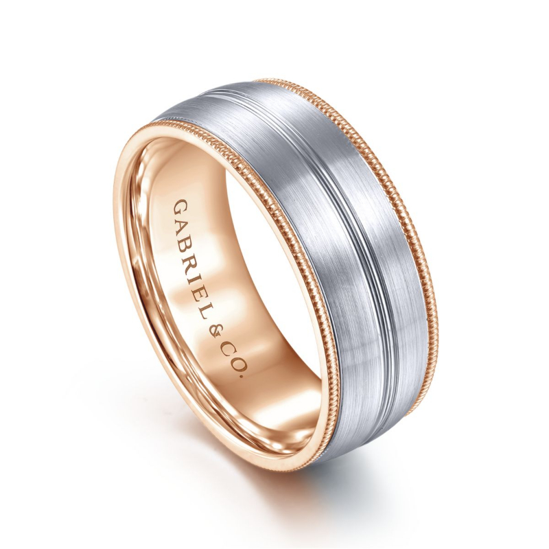 14K White and Rose Gold 8mm Brushed Channel Coin Edge Wedding Band