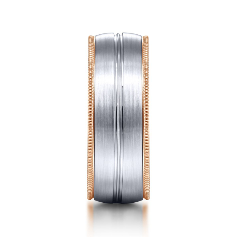 14K White and Rose Gold 8mm Brushed Channel Coin Edge Wedding Band