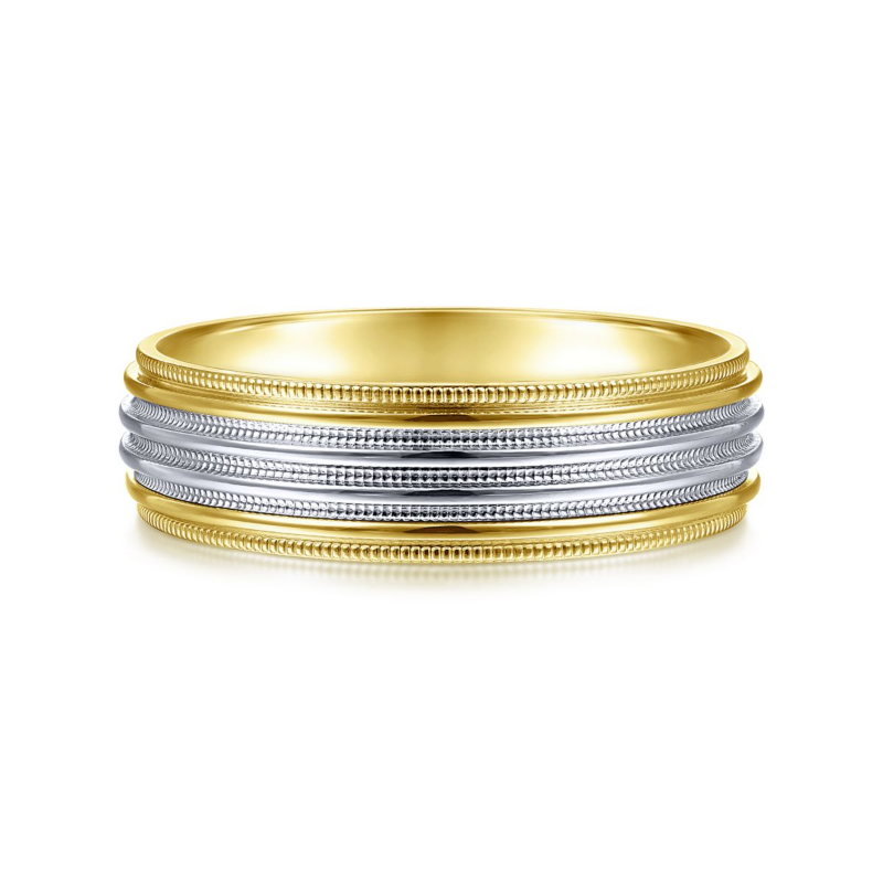 14K White and Yellow Gold 6mm Polished Milgrain Channel Wedding Band