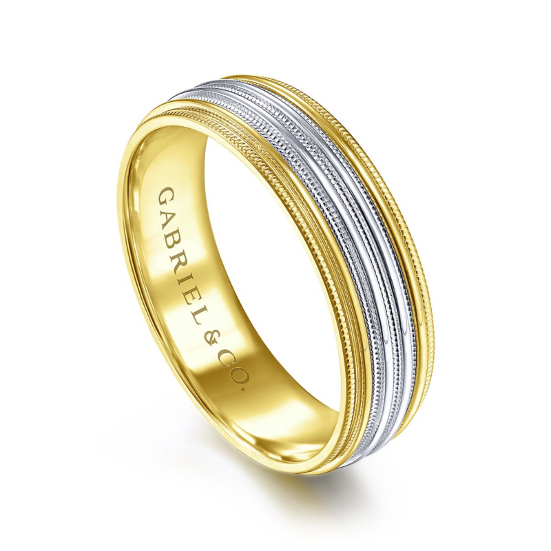 14K White and Yellow Gold 6mm Polished Milgrain Channel Wedding Band
