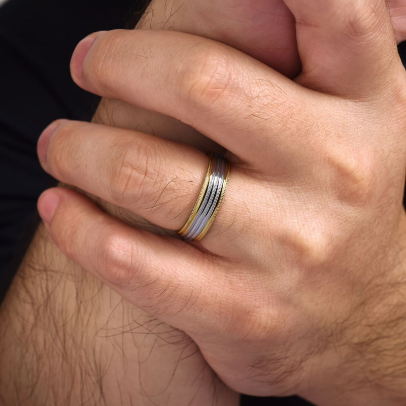 14K White and Yellow Gold 6mm Polished Milgrain Channel Wedding Band