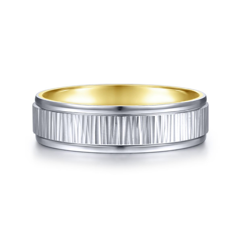 14K White and Yellow Gold 6mm Etched Center Wedding Band