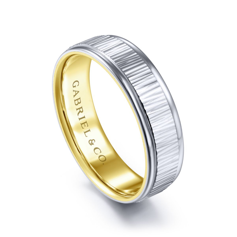 14K White and Yellow Gold 6mm Etched Center Wedding Band