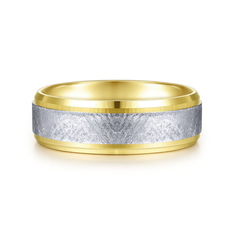 14k White and Yellow Gold 7mm Brushed Beveled Edge Wedding Band