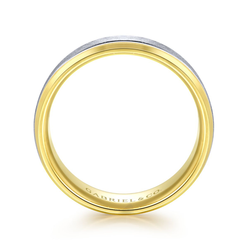 14k White and Yellow Gold 7mm Brushed Beveled Edge Wedding Band