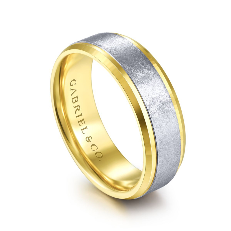 14k White and Yellow Gold 7mm Brushed Beveled Edge Wedding Band