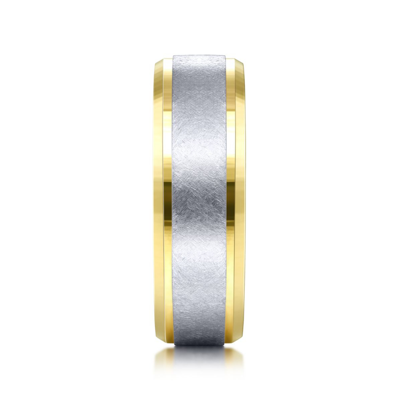 14k White and Yellow Gold 7mm Brushed Beveled Edge Wedding Band